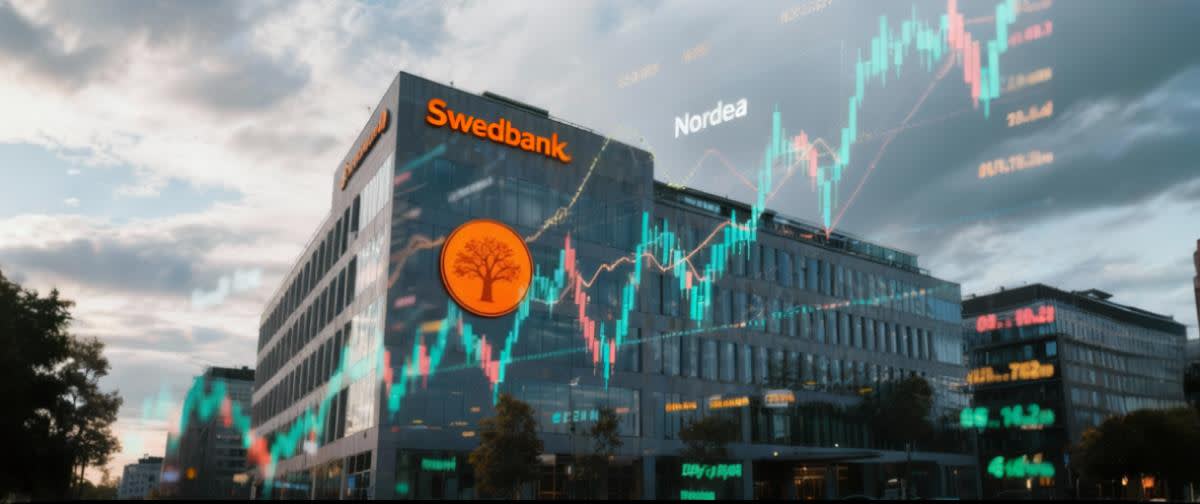 Swedbank och Nordeas huvudkontor under molnig himmel med aktiediagram och tickers som visar volatilitet.