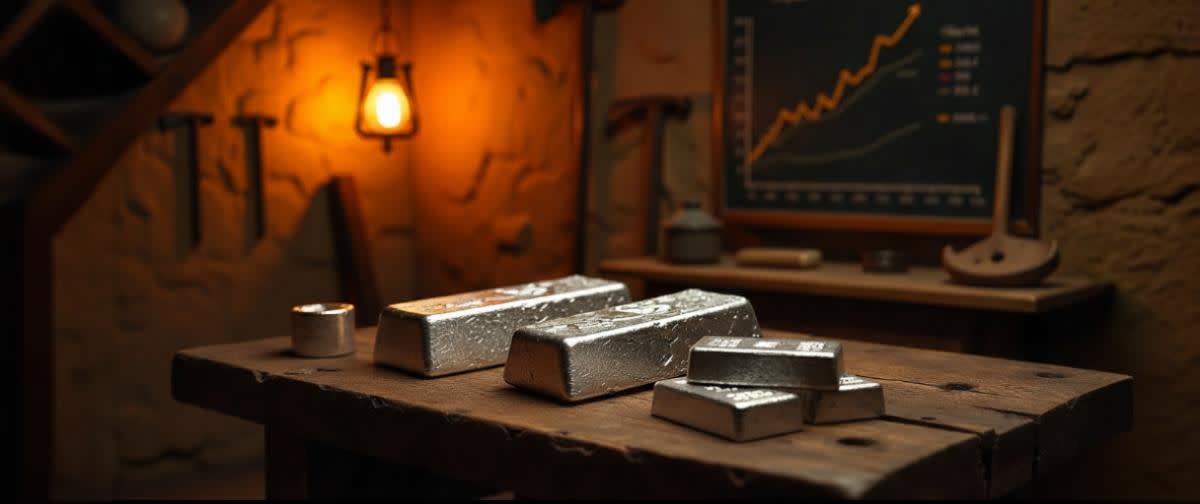 Silver bar on wooden table in dim mine, tools and 2015–2025 chart faintly on chalkboard.