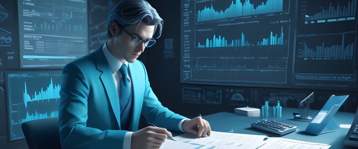Debt: A trader in suit with papers concentrating on business research.