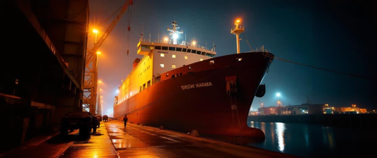 A Danish cargo ship in dry dock with cranes, symbolising exports.