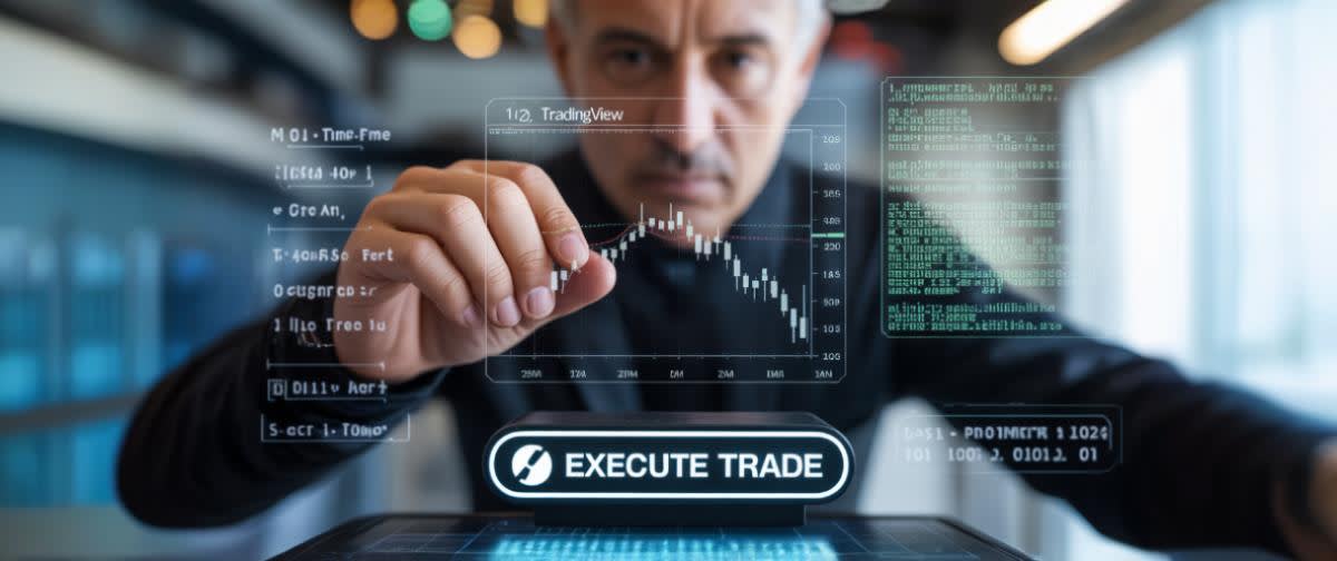 Holografisk TradingView-graf, Pine Script, hånd justerer presist, bakbelyst 'Execute'-knapp.