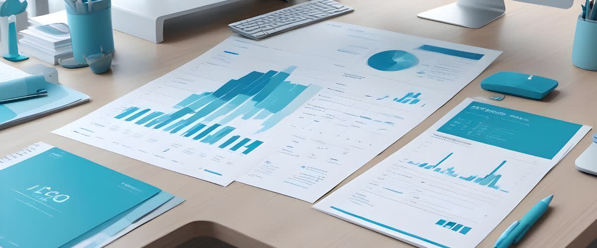 Balance sheet: Mga asul at puting papel, computer sa desk, na nagpapakita ng mga balanse.