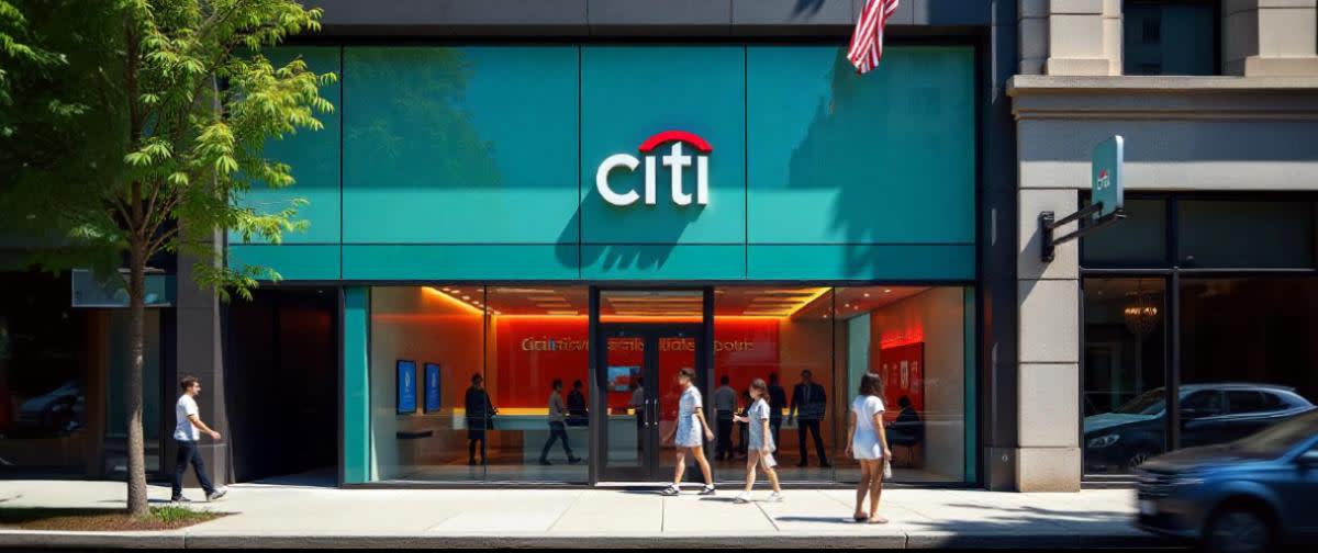 Modern Citibank branch on a sunny day, glass facade, skyline reflection, flags waving, people entering.