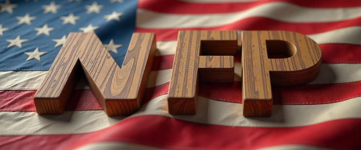 NFP Dates: Wooden letters 'NFP' placed on an American flag representing Non-Farm Payroll data.