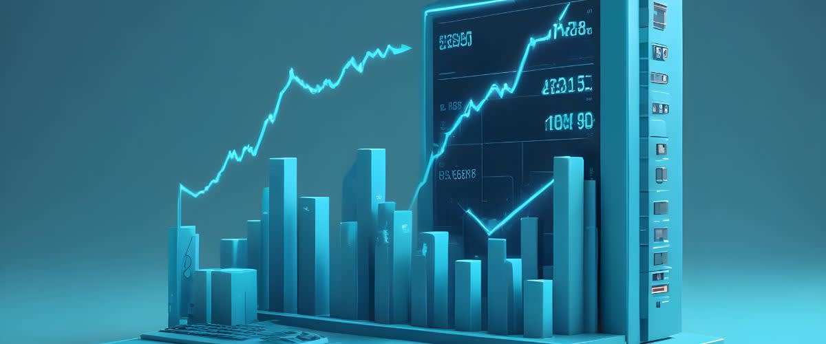 Ilustrasyon ng 3D stock market graph na may paghahambing ng gross vs net data.