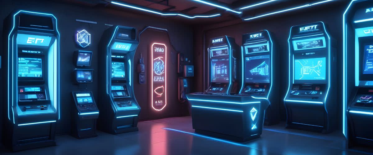 Investing in ETFs: A high-tech room with neon lights and machines.