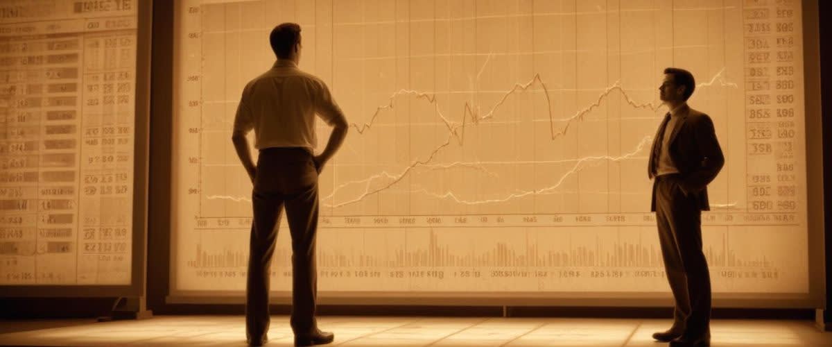 A tall and short guy stands in front of a screen with a price chart.