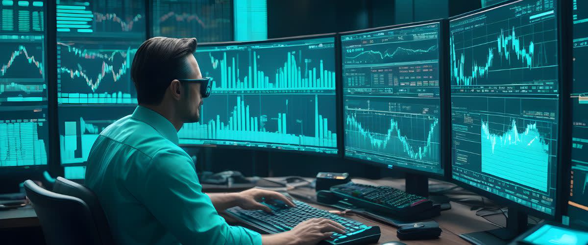 Lucro por ação: um homem com várias telas exibindo dados do mercado de ações.