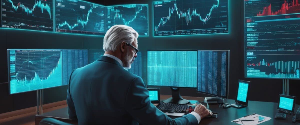 Financial investments: A man sits at a desk, analyzing financial data on multiple screens.