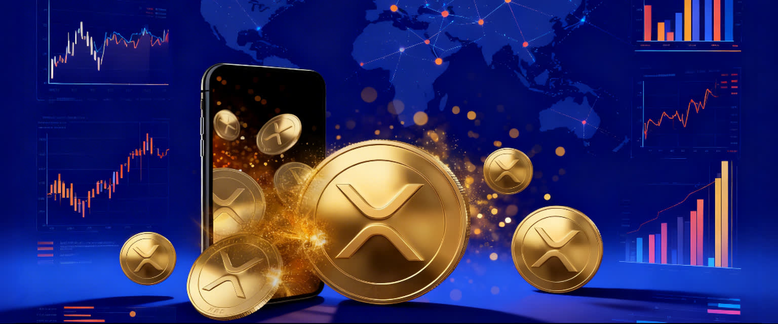 XRP coin, global payment network, and financial charts.