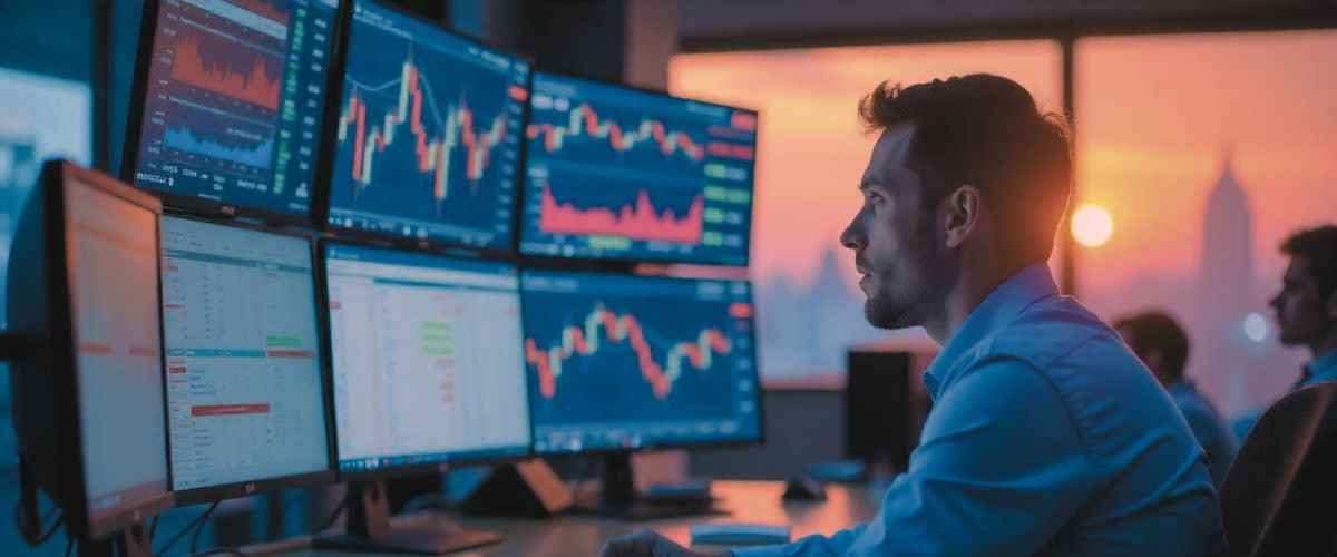 Trader ser alvorlig på skjermen og handler med nyhetene.