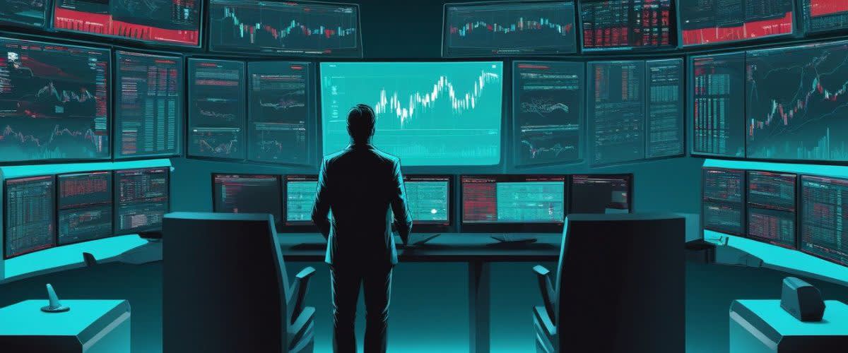 What is copy trading: A man in front of multiple screens, engaged in copy trading