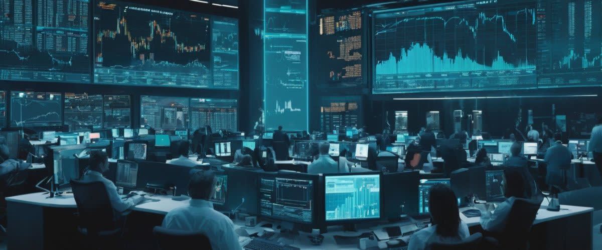Trading OTC : traders dans une salle remplie d'écrans, effectuant des opérations de trading OTC.