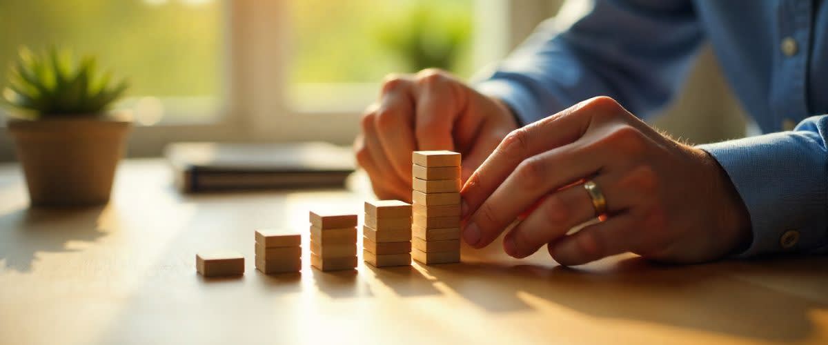 Trader bygger diagramblock i lugnt nordiskt rum, symboliserar strategisk förberedelse.