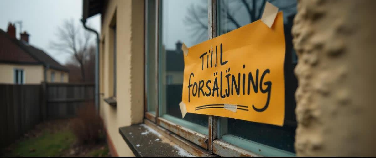 Handwritten “till försäljning” sign on rundown house window, gray sky, rainy day, close-up.