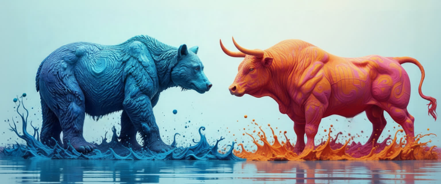 Abstract 2025 put/call ratio scale with bull & bear forms in modern art style.