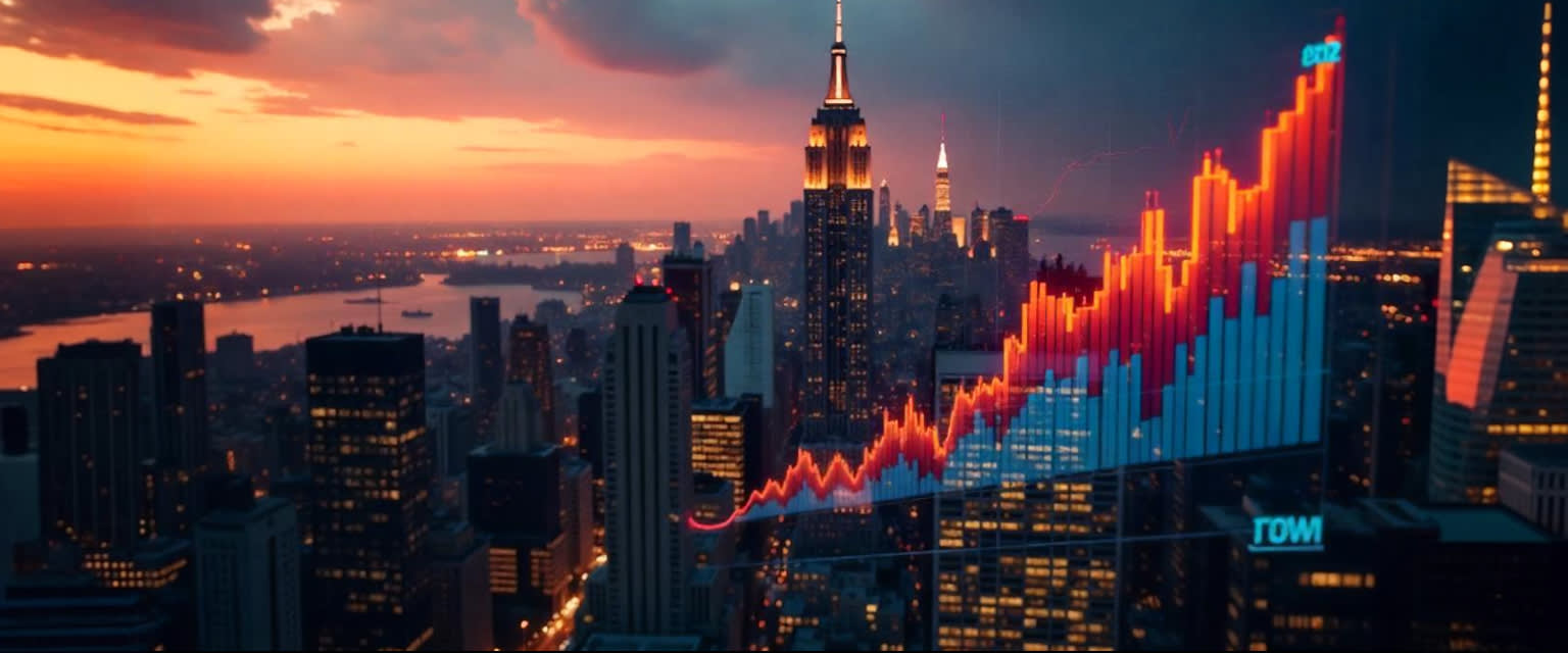 Glowing NYC skyline at dusk with BlackRock logo and data charts, symbolizing strong Q2 growth.