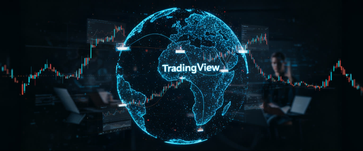 Digital globus med tradere koblet via glødende TradingView- og Skilling-nettverkslinjer.