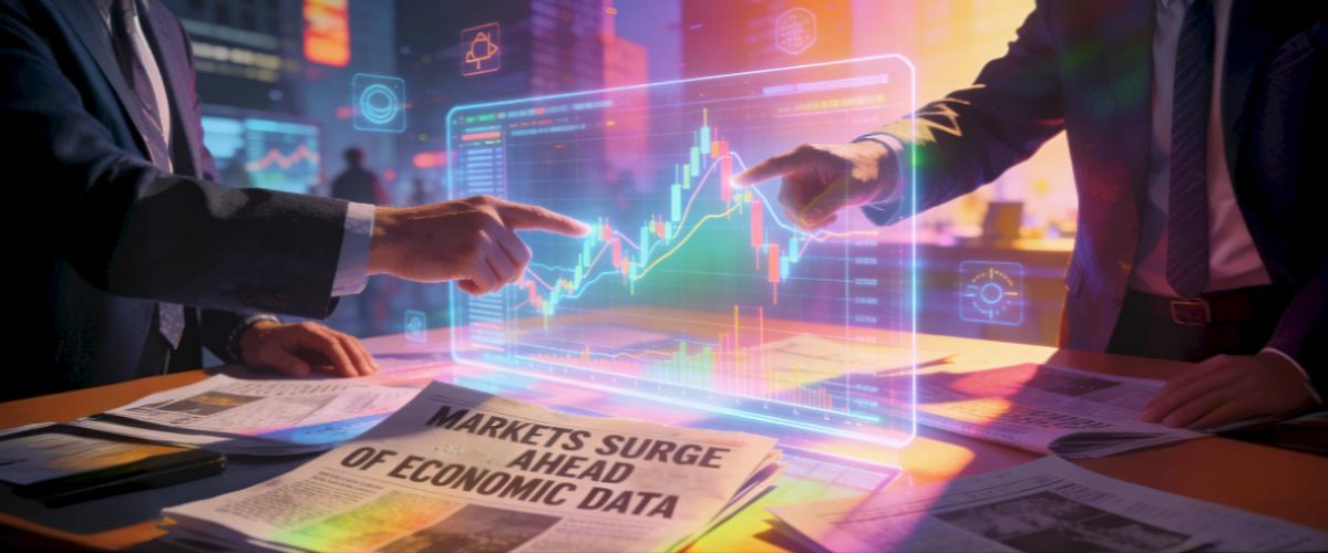 Markets spike before economic indicators, traders pointing at screens, newspapers with bold headlines.