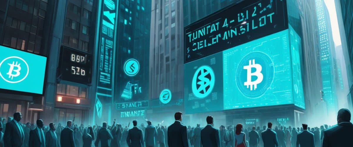 Benefits of Crypto trading: People standing in front of a city with Bitcoin signs, representing the influence of cryptocurrencies in Wall Street.