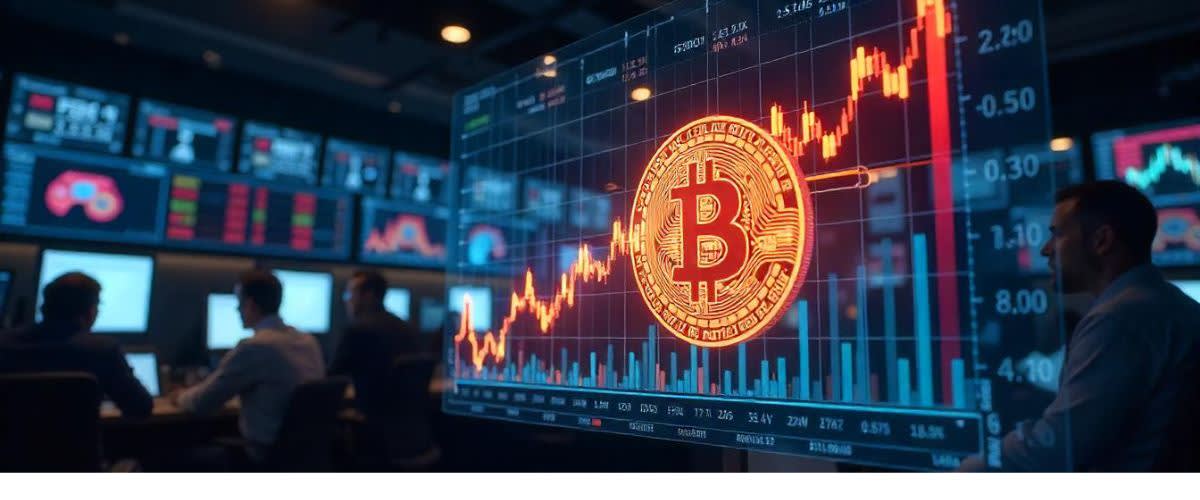 En digital graf som visar Bitcoins uppgång, ett modernt handelsgolv fyllt med olika handlare.