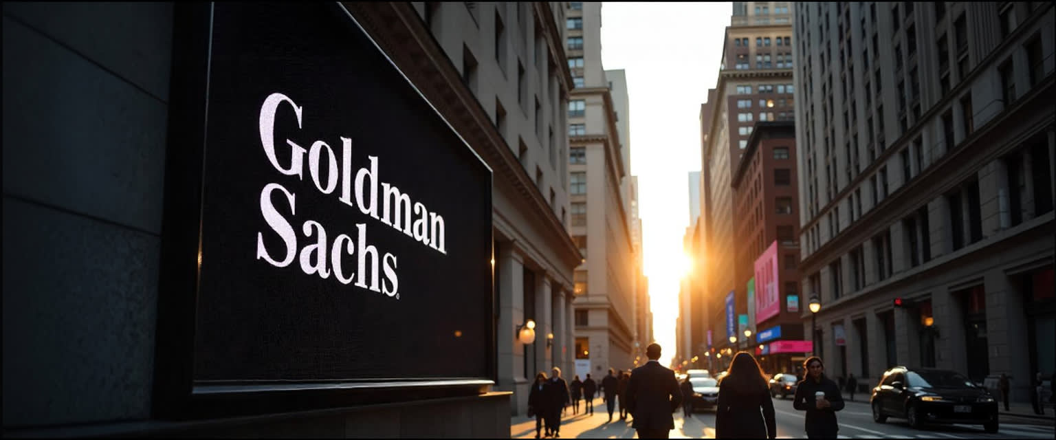 Wall Street at sunrise, with the Goldman Sachs logo glowing, as professionals walk past digital stock charts.