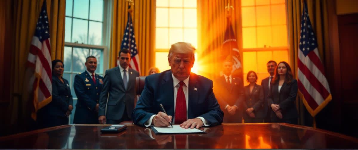 Trump signs OBBBA; scenes of border wall, jets, tax checks, and protests split around him.