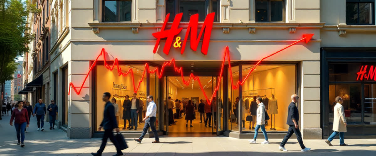 H&M 2015–2025 stock chart over busy store exterior, sunny summer, diverse shoppers, vibrant displays.