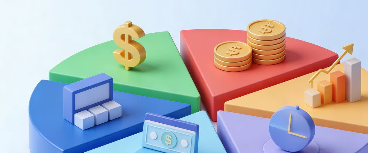 Différentes icônes d’actifs financiers équilibrées dans une illustration de portefeuille moderne
