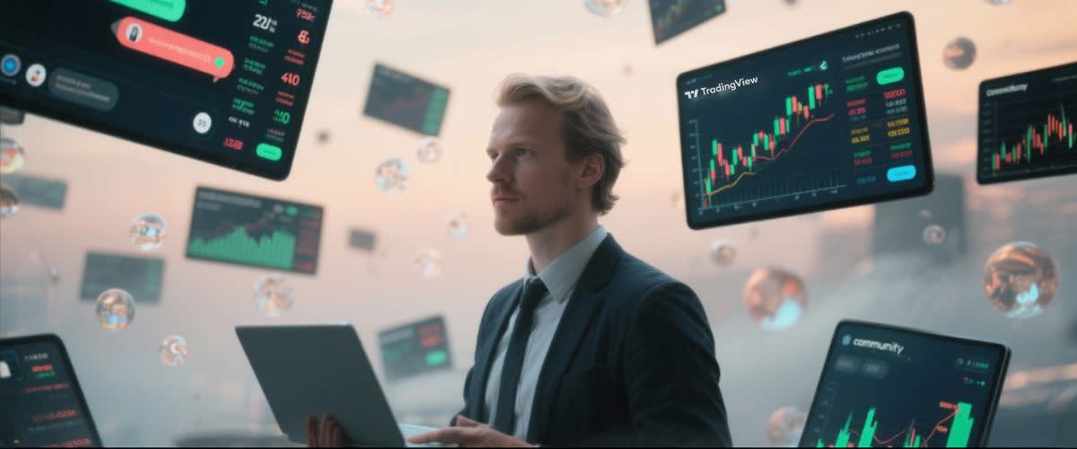 Nordic trader amid floating screens with chats, forex pairs, and charts.