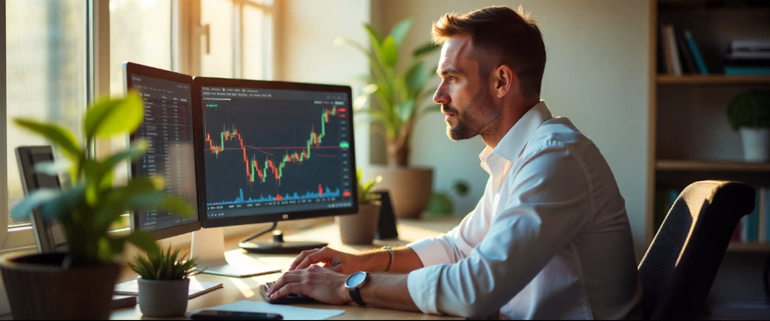 Minimalist CFD desk, spring light, charts up, risk set, Norwegian trader in white shirt