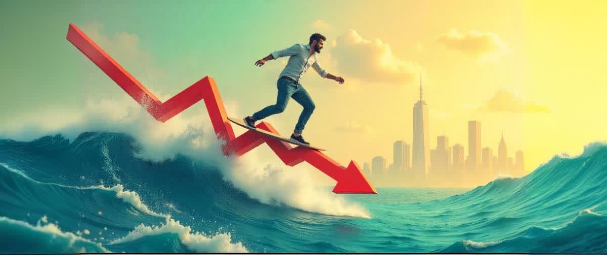 Trader surfing a large red down arrow amid stormy markets, showing skill and agility.