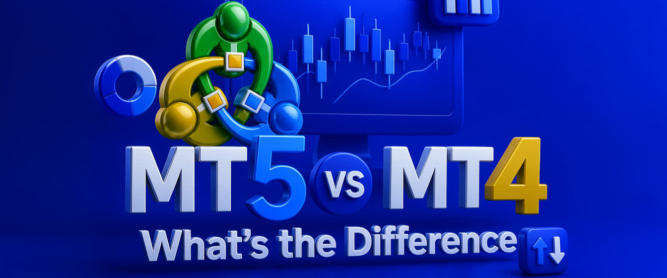 MT5 vs MT4: What's the Difference — MetaTrader logo with candlestick chart on blue background