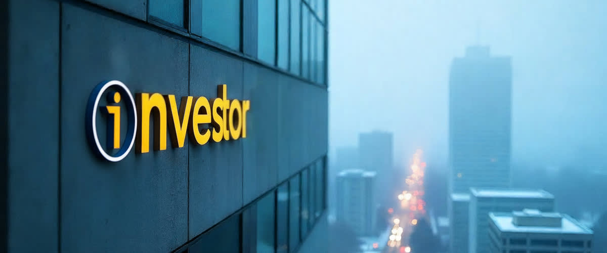 Investor AB logo on a steel-concrete tower in thick winter fog, the Swedish skyline faintly visible