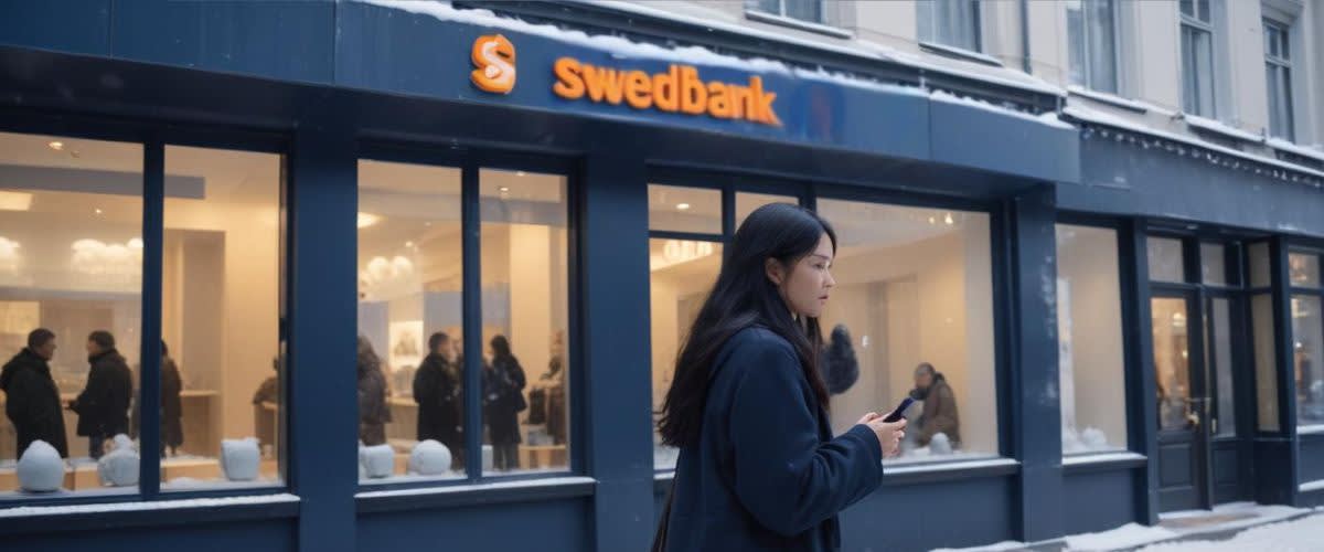 購買 Swedbank：Swedbank 銀行分行位於白雪皚皚的街道上。