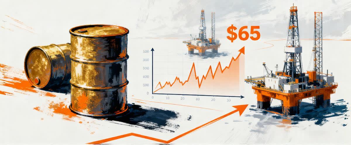 OPEC+-nedskärningar, $65-diagram, fat/oljeriggar, volatilitetspilar, NOK/Equinor, kalla toner med guldaccenter