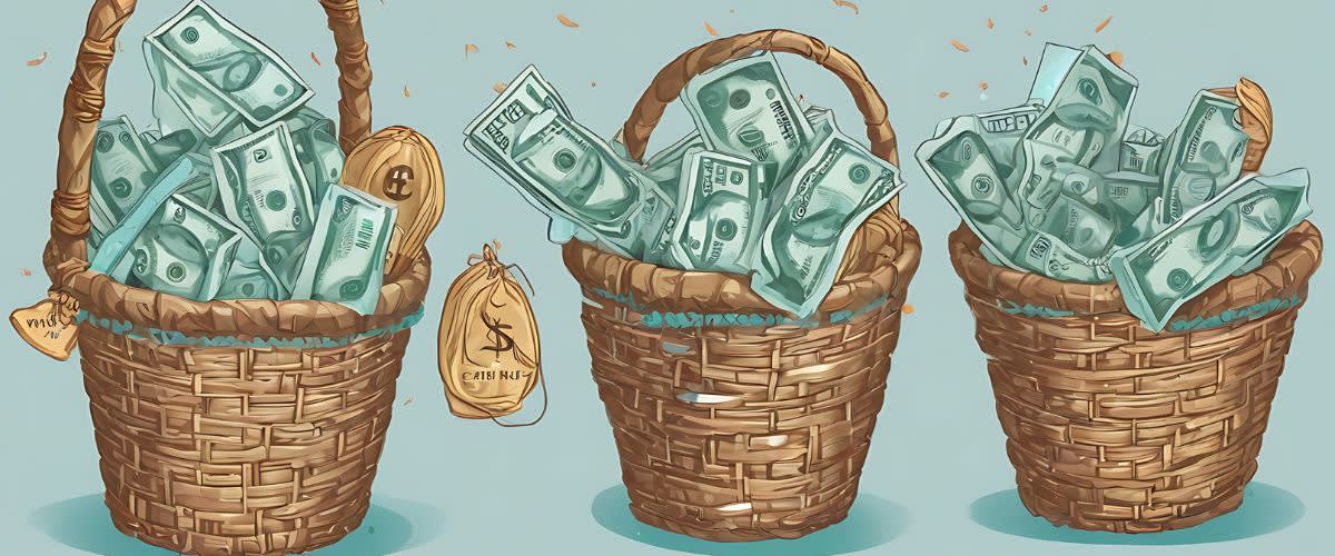 The art of diversification: Three baskets filled with money, showcasing the art of diversification in wealth management.