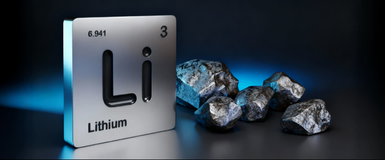 Display of lithium (Li) next to assorted rocks, emphasizing its role as a natural mineral.
