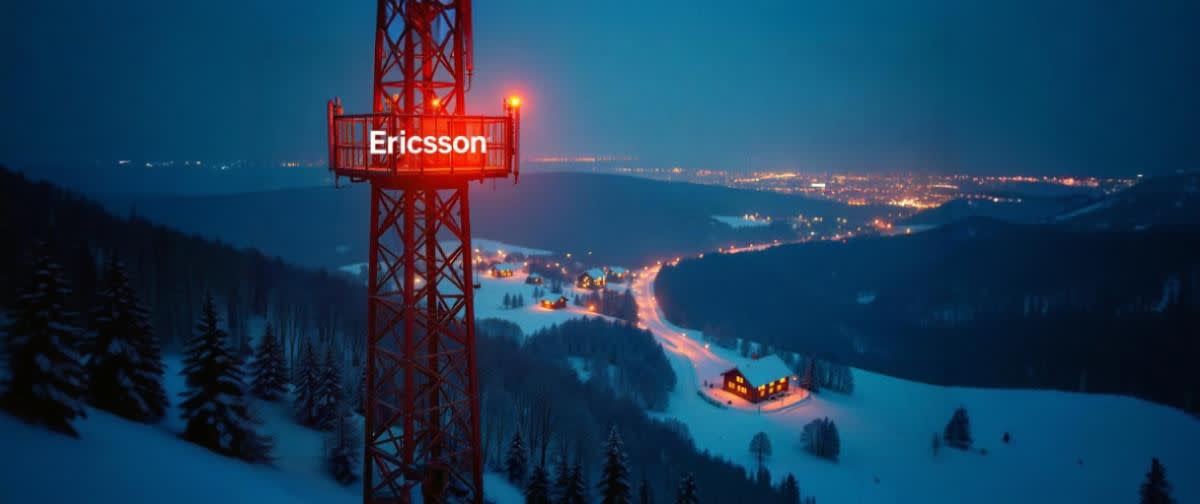Ericsson 5G-torn lyser i vinterlandskap, med by och stadsljus i bakgrunden.