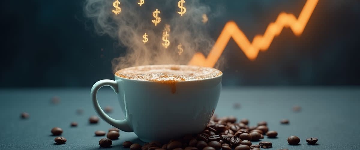 Stormy coffee cup reflects weather chaos, price spike, and dollar signs swirling in volatile steam.