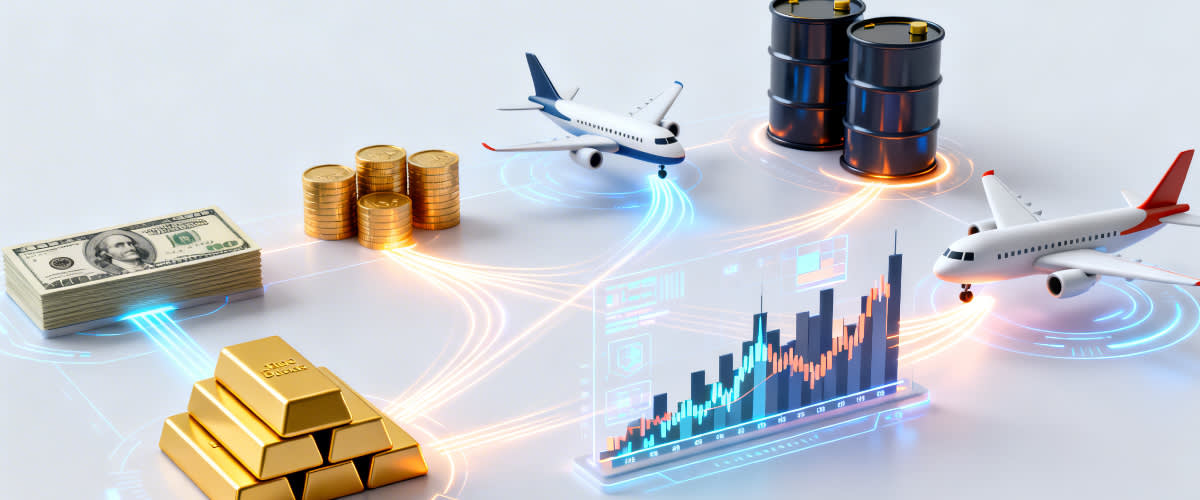 Futuristic control room with holographic assets, gold, US dollar, oil barrel, aeroplane, and tech stocks.