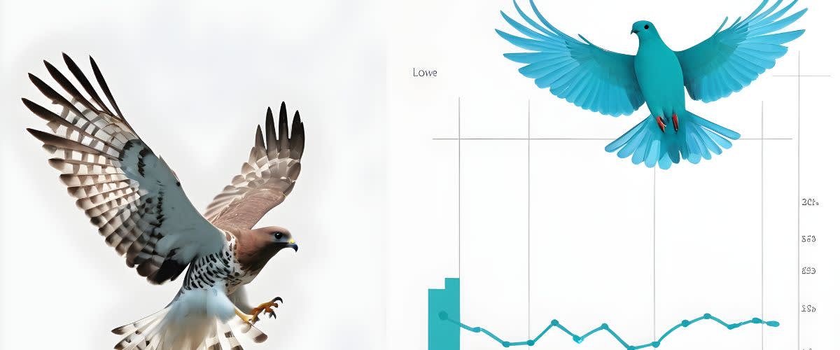 Seekor elang dan burung merpati terbang di atas graf bar, mewakili perspektif hawkish vs dovish.