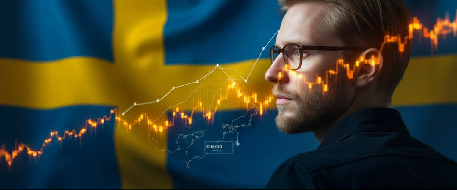 Swedish trader, Sweden flag as background, and Sweden map representing OMX30