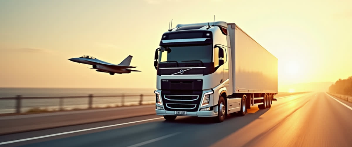 Volvo trucks and SAAB jets glowing under a clear sky