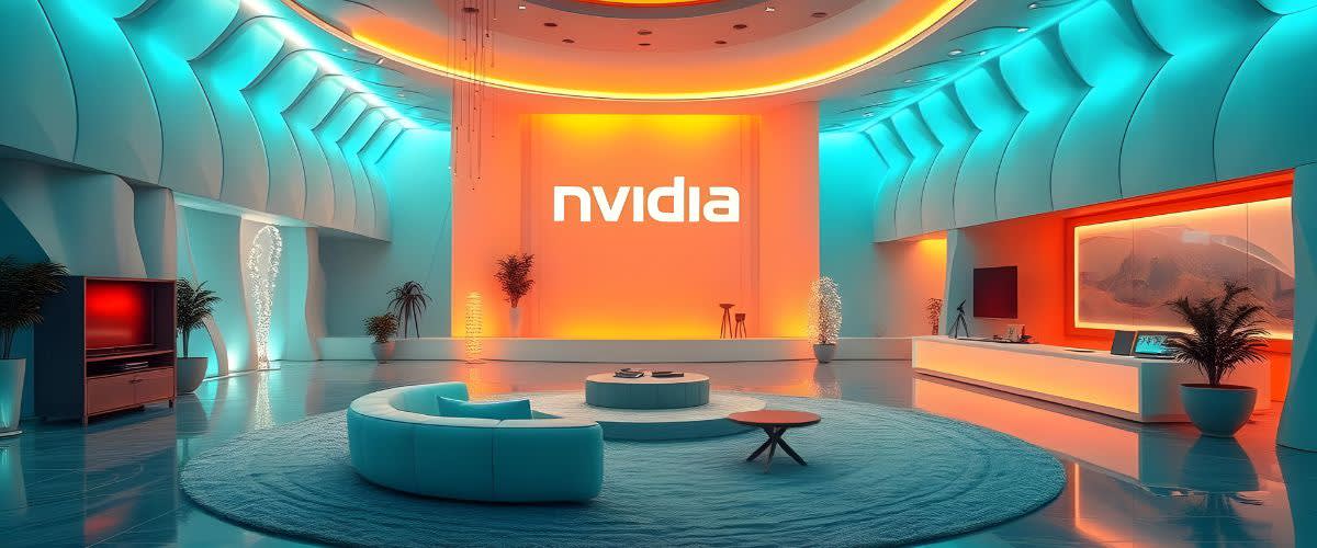 Previsão de ações da Nvidia: Uma sala sofisticada que exibe a Nvidia na tela.