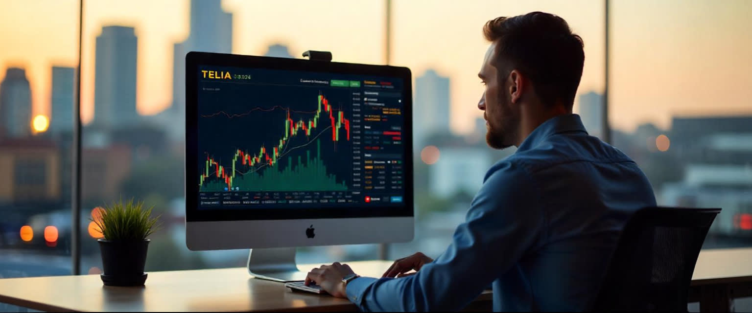 Telia stock ticker on screen, Nordic skyline, trader analysing RSI/Bollinger Bands, stable vibe.