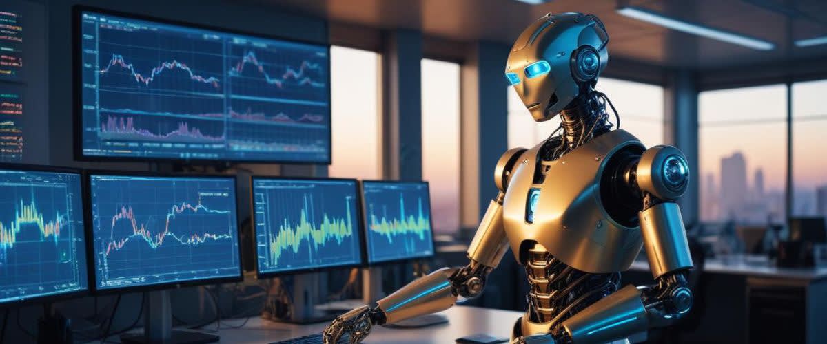 AI Trading: Ein Roboter mit optimierten Bildschirmen, die farbenfrohe Preisdiagramme anzeigen.