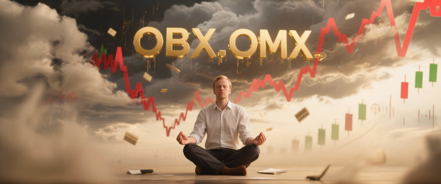 Nordic trader meditating before floating OBX and OMX tickers, storm clouds, red charts