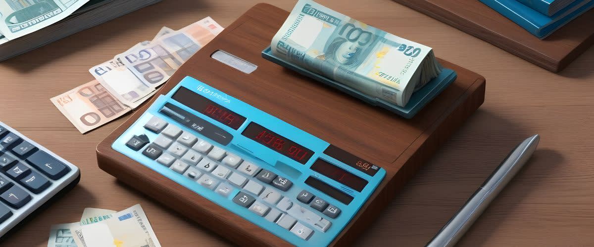 Juste valeur: calculatrice, stylo et argent sur le bureau, présentant des outils de calcul financier