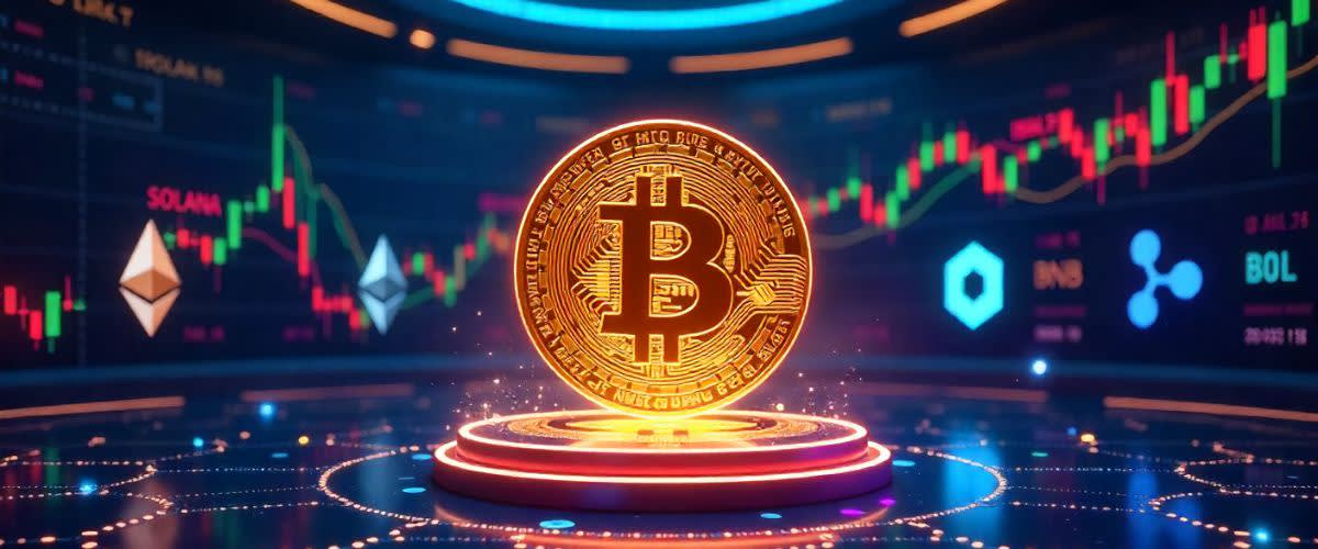 BTC, ETH, SOL, XRP, and more in a glowing crypto hub with charts, logos, and blockchain links.